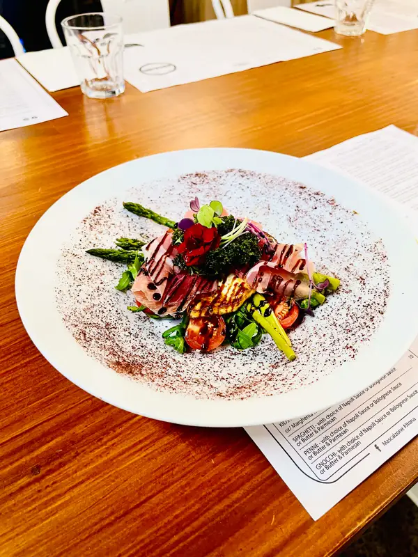 Fried halloumi with prosciutto, asparagus and dukkah